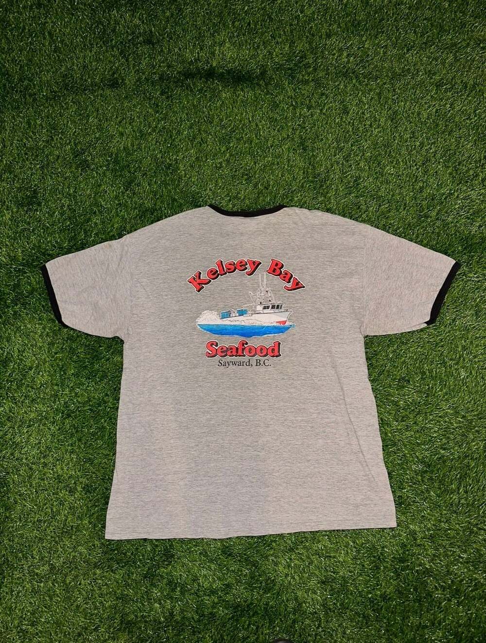 Vintage Kelsey Bay Seafood Sayward B.C. Graphic Print Ringer T-Shirt